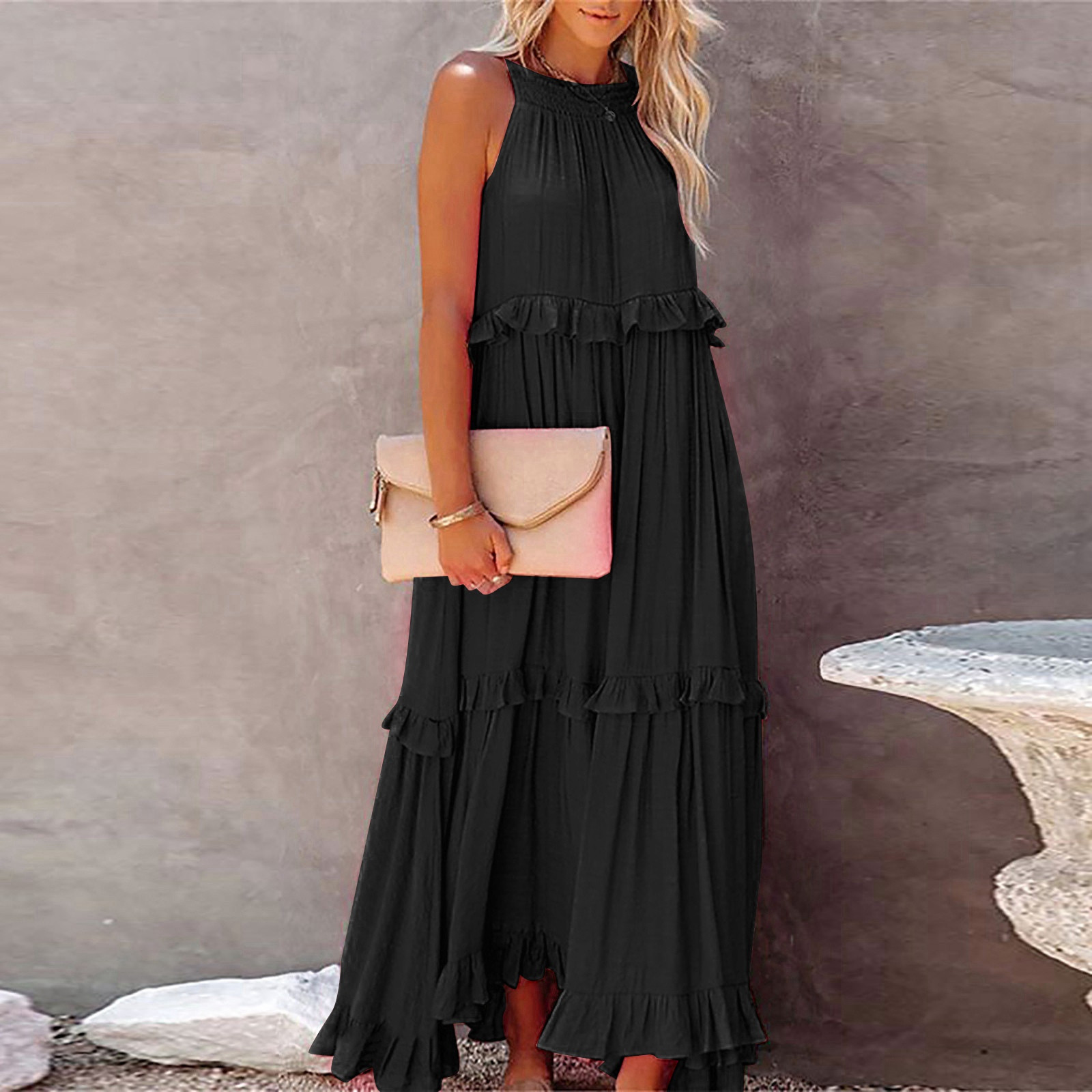 thumbnail image 4 of 2025 Vestido largo sin mangas para mujer, vestido de playa informal con volantes fluidos, vestido de poliéster de cintura alta, tallas S-XXL, 4 of 8